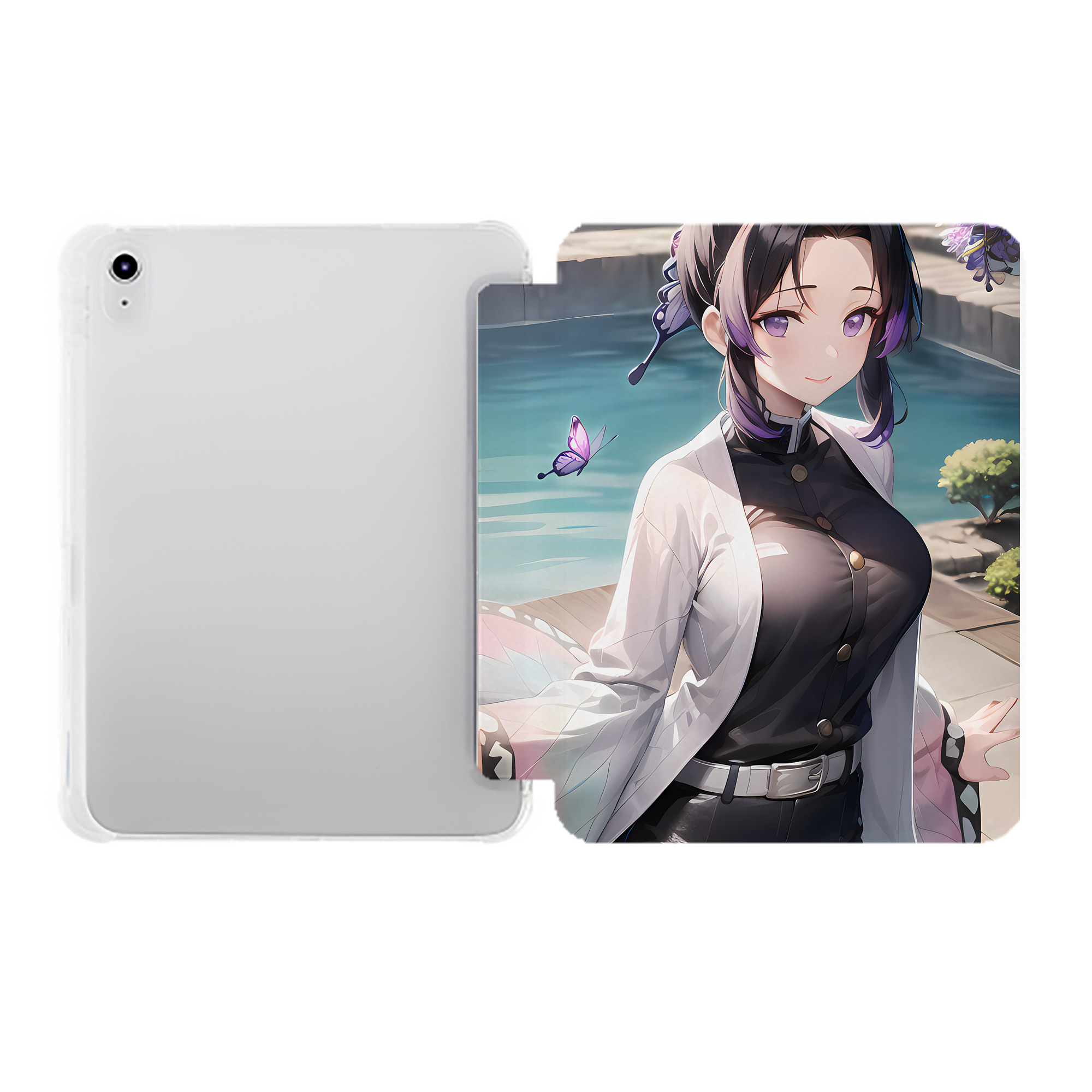 （画像用） 鬼滅の刃（きめつのやいば）蟲柱-胡蝶 しのぶ／こちょう しのぶ Kochou Shinobu IPad ケース ペン収納付き 三つ折りスタンド PUレザー×シリコン 対応機種9.5/10.5/10.9インチ